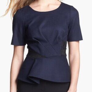 ELIE TAHARI Navy Wool-blend Peplum Top XS